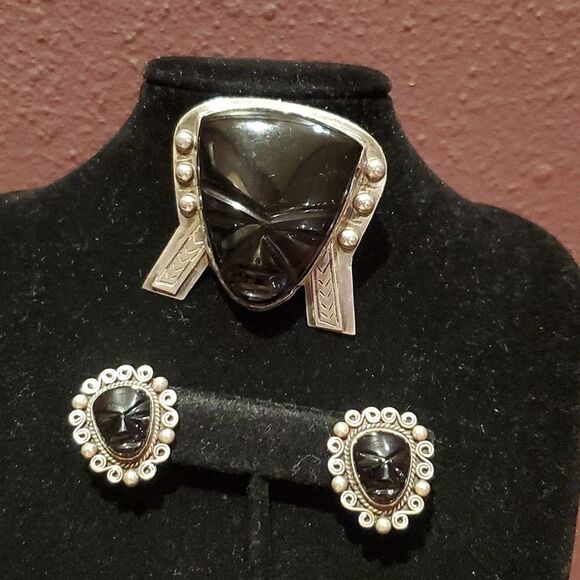 Vintage Taxco Black Onyx Brooche and Earrings! , Sterling Silver, Stamped 925! - Picture 1 of 13